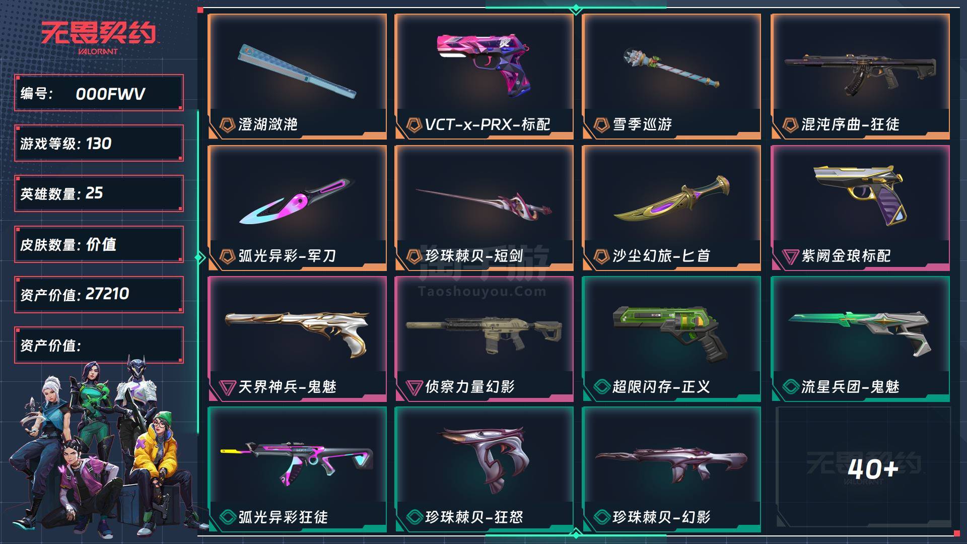 无畏契约【端游】R21852 剩余点券305 皮肤价值:27210 剩余R点: 游戏等级:130 段位:未定级 英雄