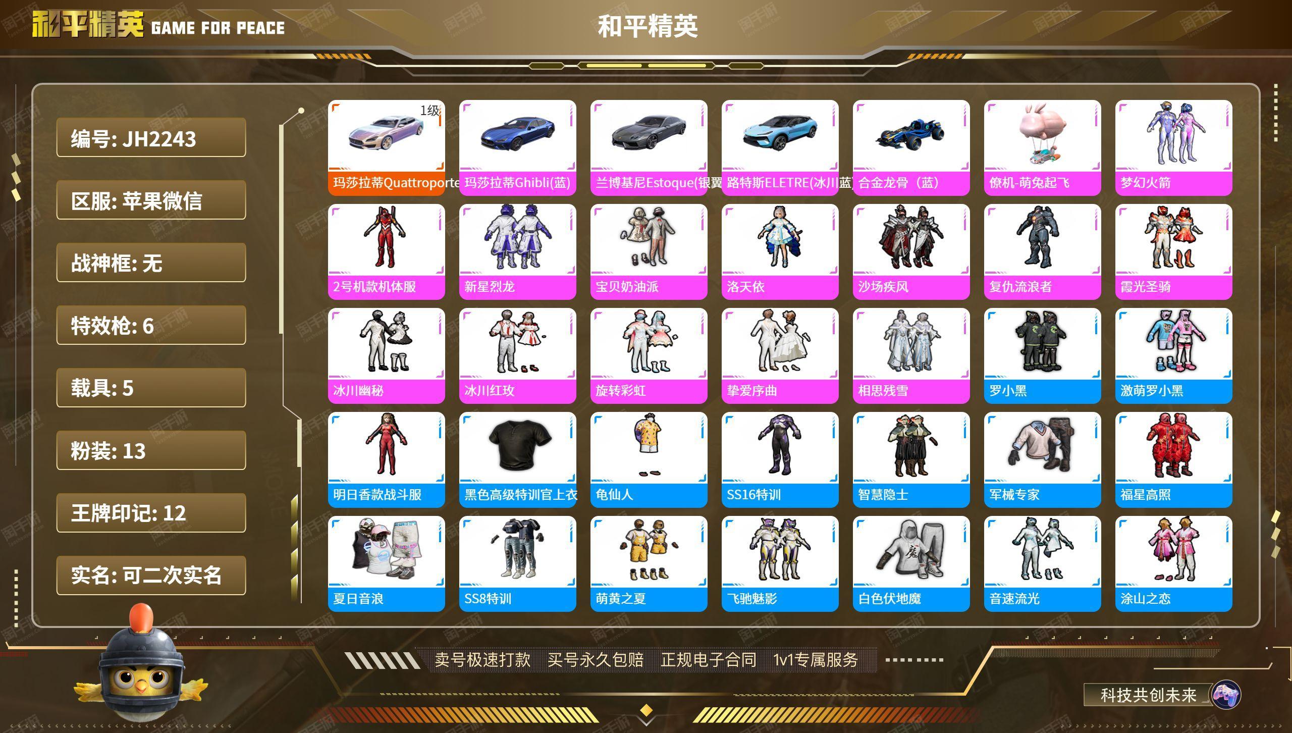 和平精英【苹果微信】13粉装-6特效枪-5载具-57794热力值-12印记-123套装-131枪皮