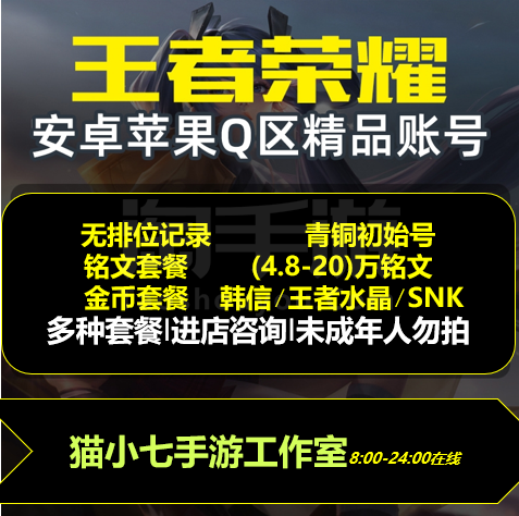 王者荣耀【安卓QQ】主页0场次+48000铭文+20000金币+改名卡+满铭文孔