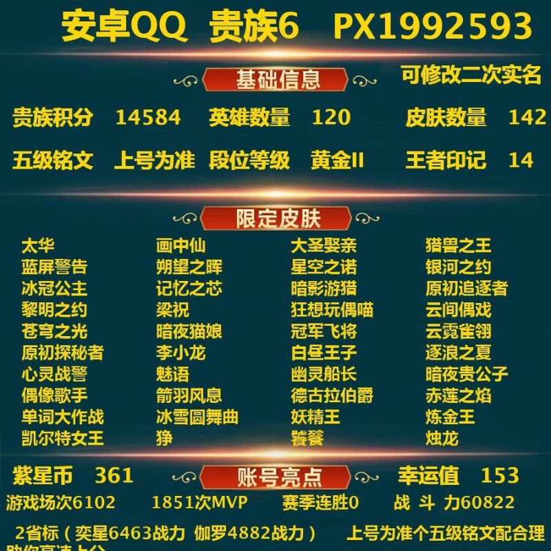 王者榮耀【安卓QQ】[王者榮耀]V6 5傳說(shuō) 32史詩(shī) 142皮膚 119英雄 榮耀黃金II