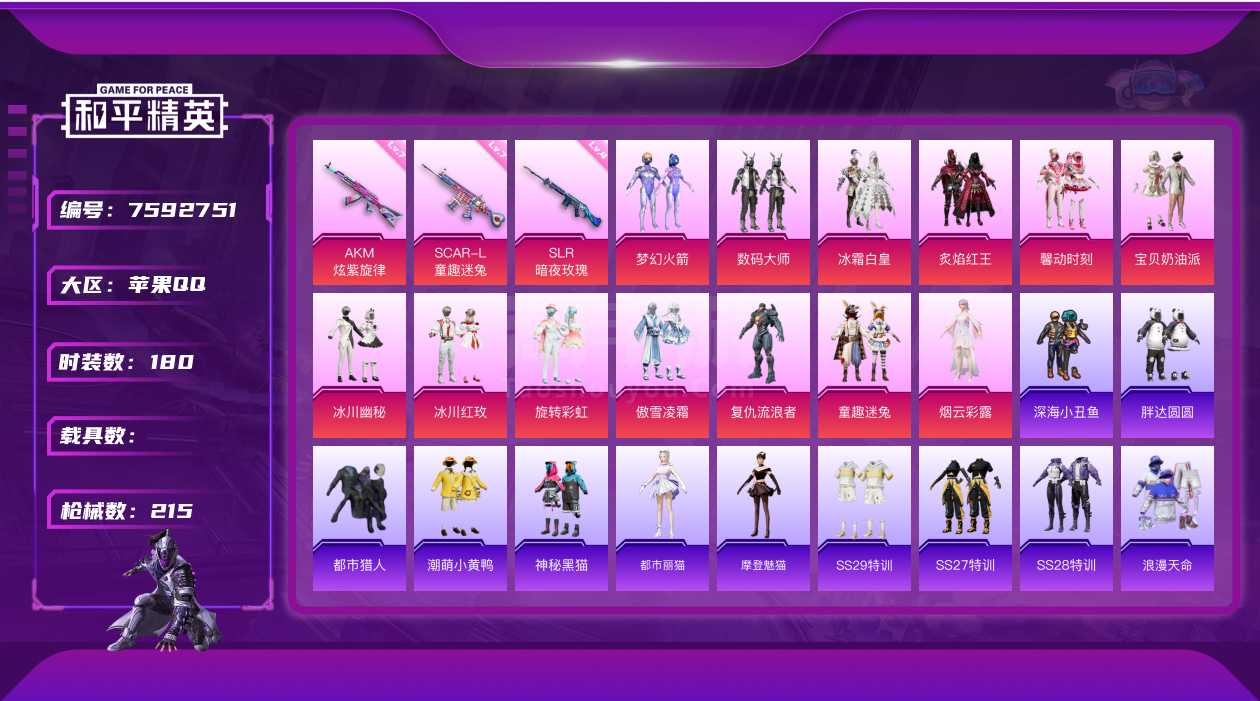 和平精英【苹果QQ】苹果 手Q-14粉装-3特效枪-0载具-70467热力值-0印记-180套装-215枪皮