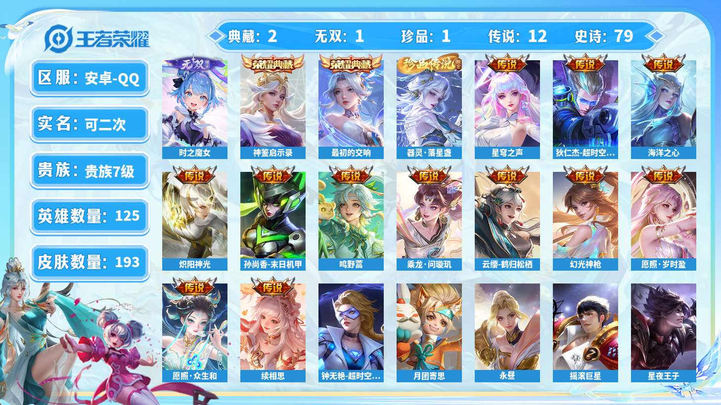 王者荣耀【安卓QQ】[王者荣耀]贵族7级 2典藏 12传说 至尊星耀 193皮肤