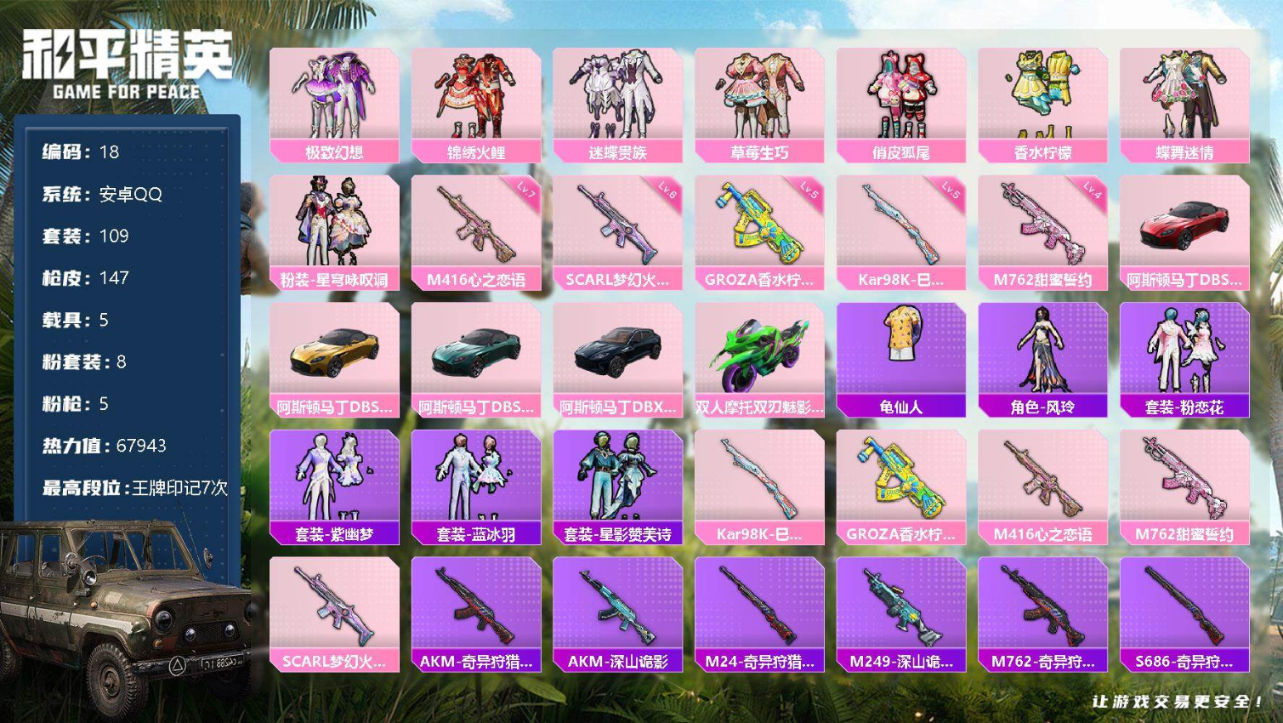和平精英【安卓QQ】5载具-109套装-147枪皮-安卓手Q-可二次-8粉装-