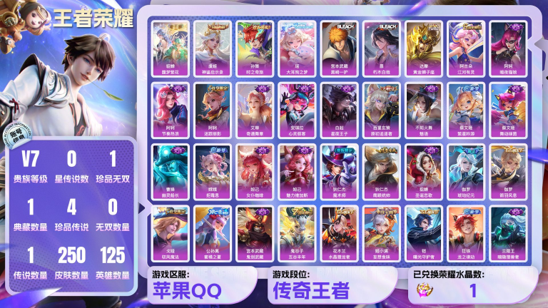 250皮 贵族7级 1珍品无双 1典藏 4珍品传说 1传说 74史诗 10个性按键