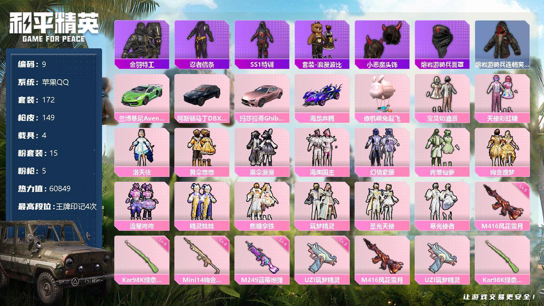 和平精英【苹果QQ】LB0139苹果Q-坚韧铂金Ⅲ-60357热力值 4王牌印记 170套装 14