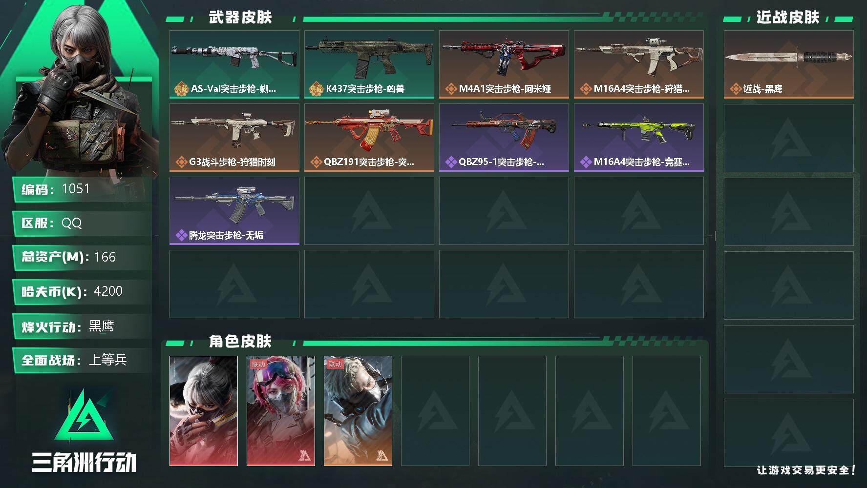 三角洲行动【苹果QQ】【1051】总资产：166M，哈夫币：420W，武器皮肤104，烽火60级：黑