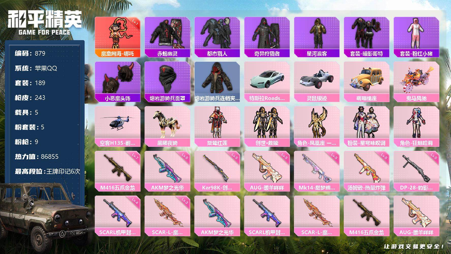 和平精英【苹果QQ】【879】【商品标题】：苹果 手Q-1神装-5粉装-9特效枪-5载具-5粉色飞