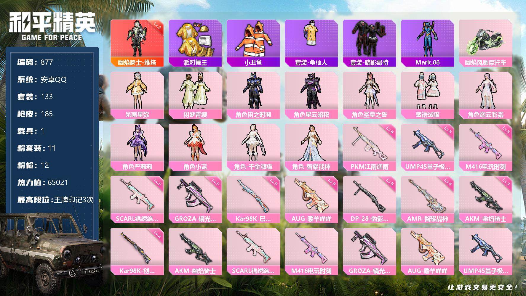 和平精英【安卓QQ】【877】【商品标题】：安卓 手Q-1神装-11粉装-12特效枪-1载具-5粉