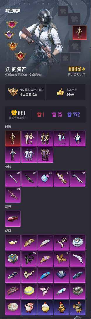 和平精英【安卓微信】微信-1神装-7粉装-6特效枪-1载具-7粉色飞行器-