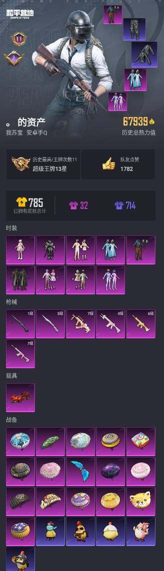 和平精英【安卓QQ】手Q-9粉装-6特效枪-1载具-1粉色飞行器-67939热力值-11王牌印记