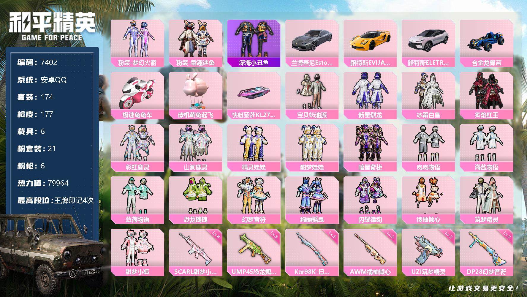和平精英【安卓QQ】【7402】21粉装-6特效枪-6载具-79964热力值-4印记-174套装-