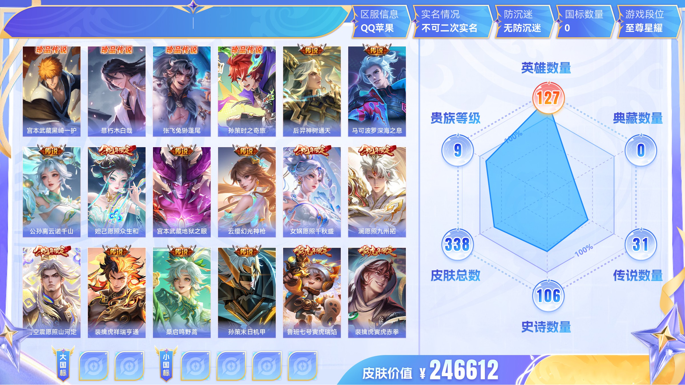 王者荣耀【苹果QQ】珍品传说4 传说31 史诗106 限定135
