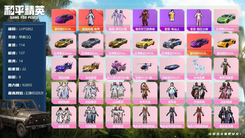 和平精英【苹果QQ】【可秒换绑/店主推荐！详情看图】素材身法号/路特斯EVIJ