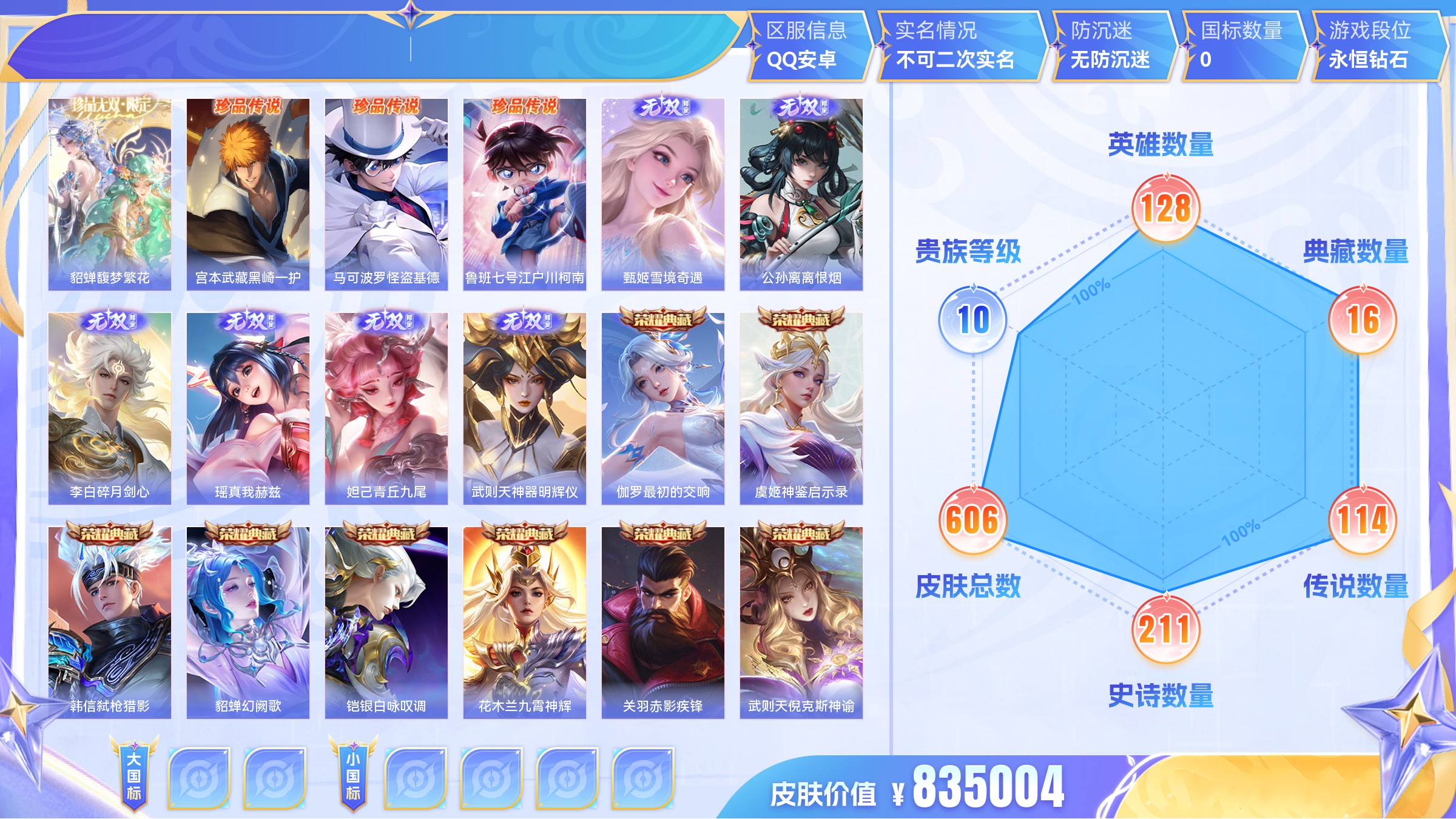 王者荣耀【安卓QQ】珍品无双1 珍品传说3 无双6 典藏16 传说114