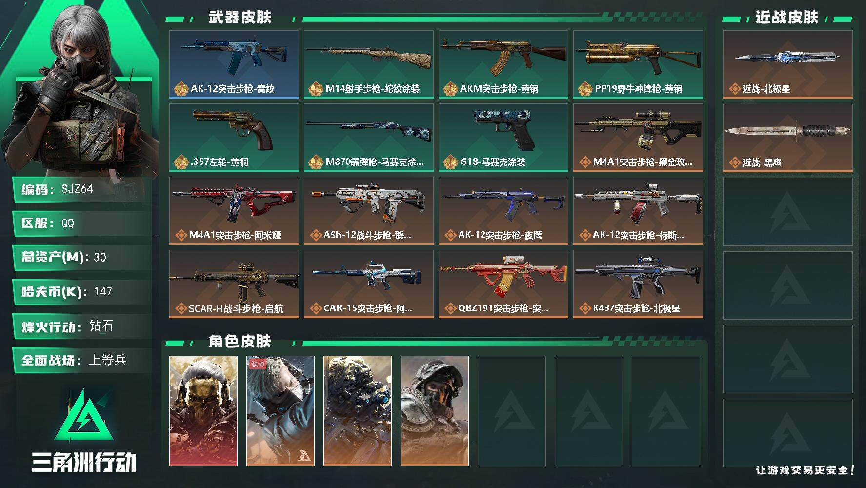 三角洲行动【苹果QQ】147k哈伏币-29m流动资产-60烽火等级-钻石-16战场等级-上等兵
【干