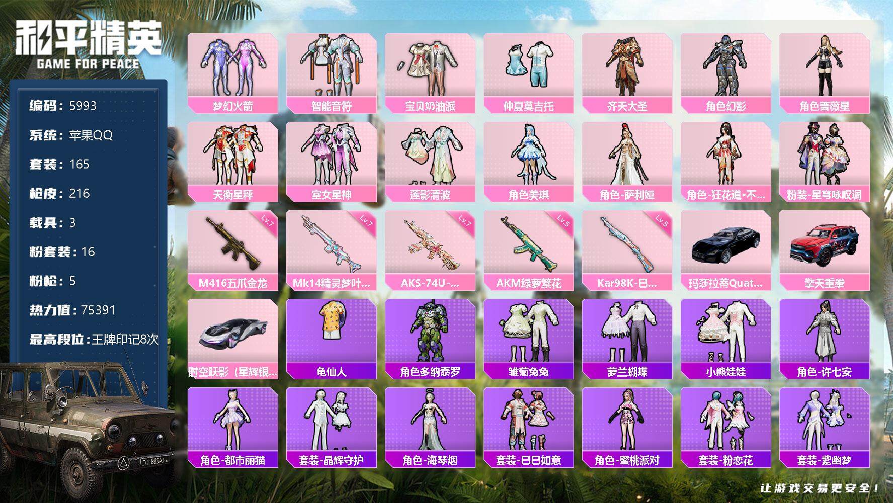 【5993】16粉装-5特效枪-3载具-75391热力值-8印记-165套装-