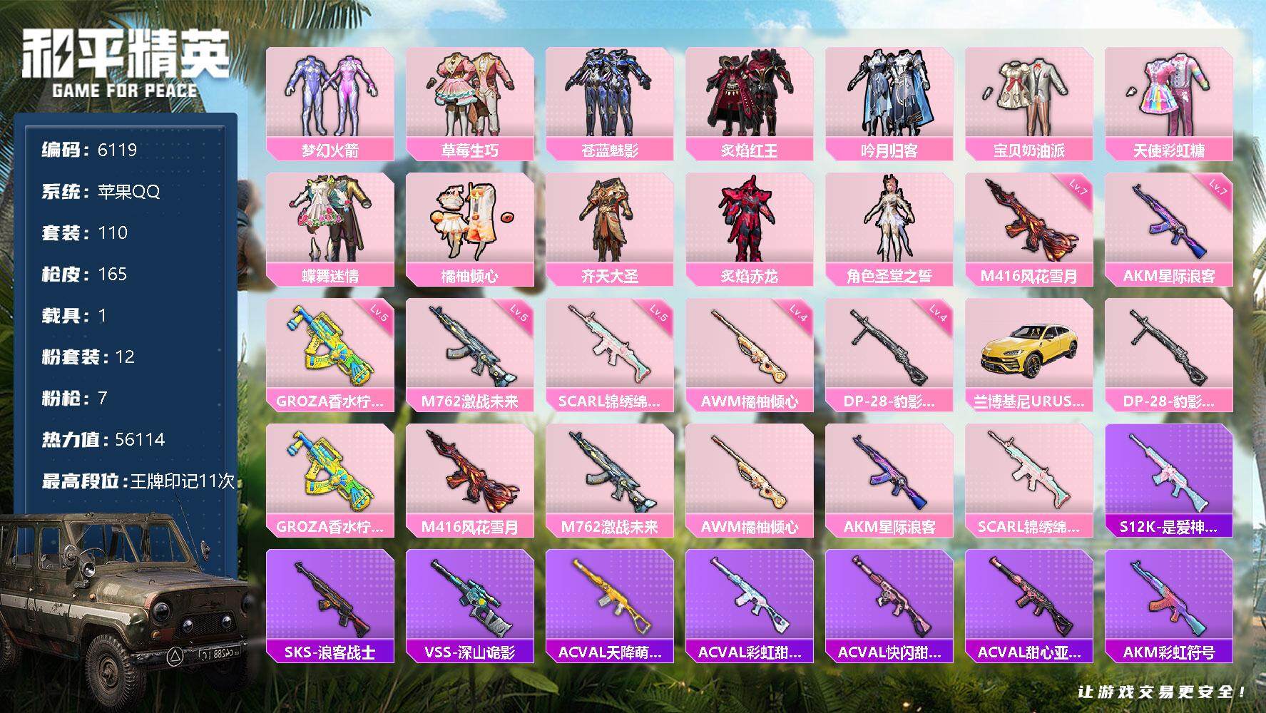 【6119】12粉装-7特效枪-1载具-56114热力值-11印记-110套装