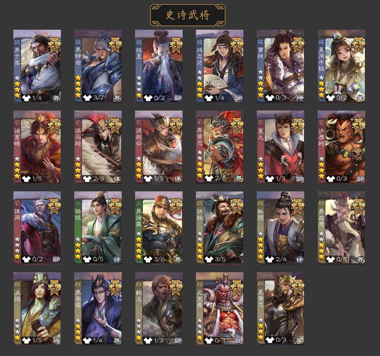 官阶:骠骑将军；VIP等级:VIP8；史诗武将数量:23；动态皮肤数量:22；