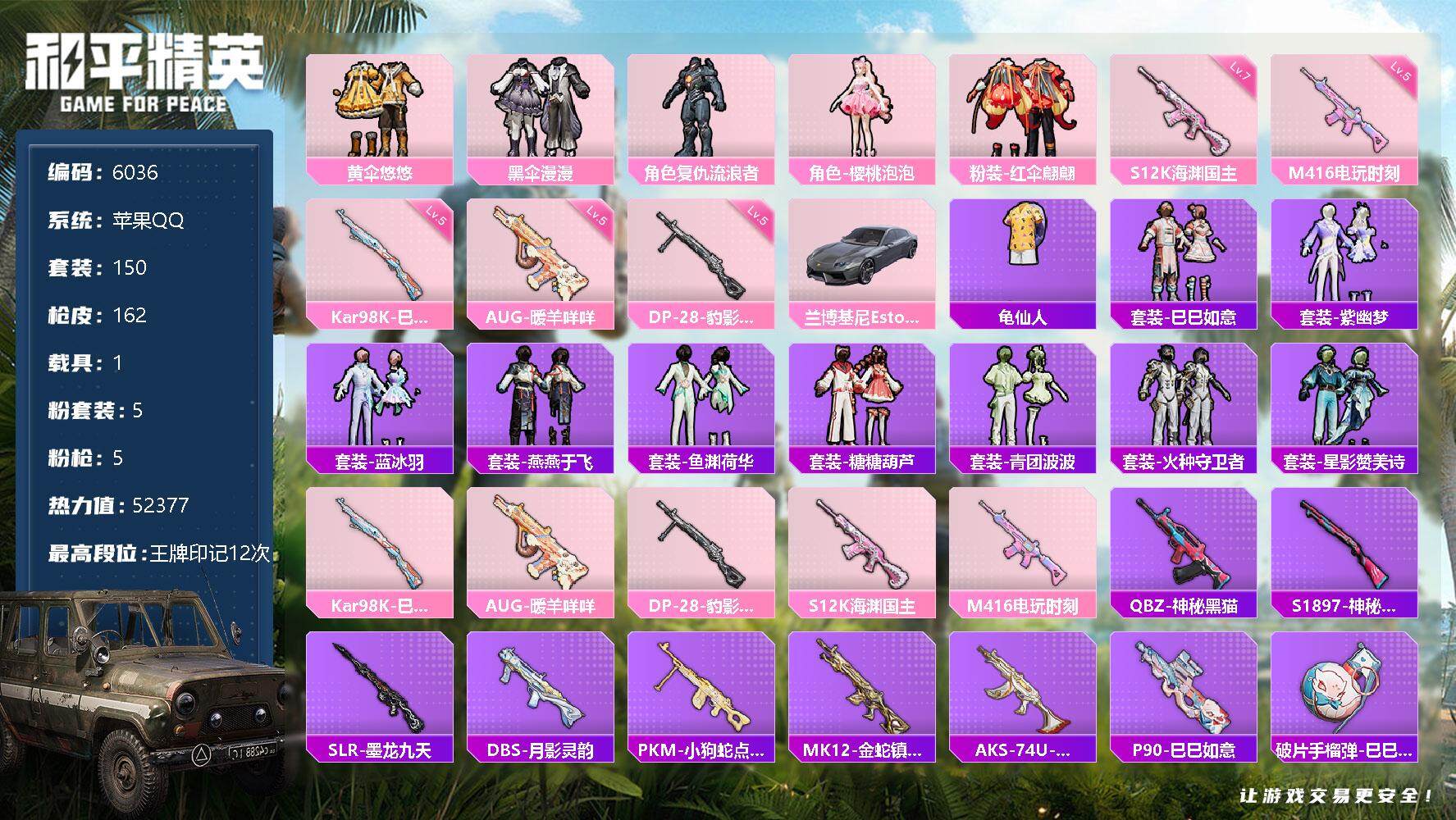 【6036】5粉装-5特效枪-1载具-52377热力值-12印记-150套装-