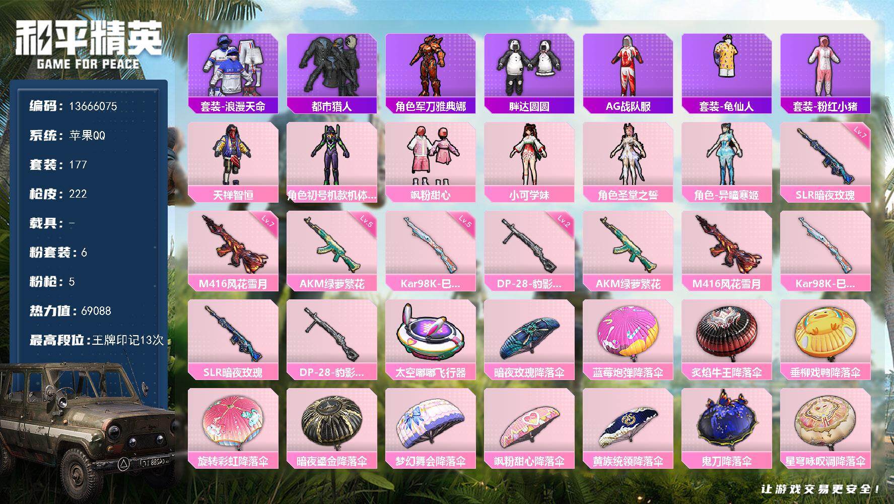 177套装/枪械5/装备211/战备175/王牌印记13/热力值69088/五