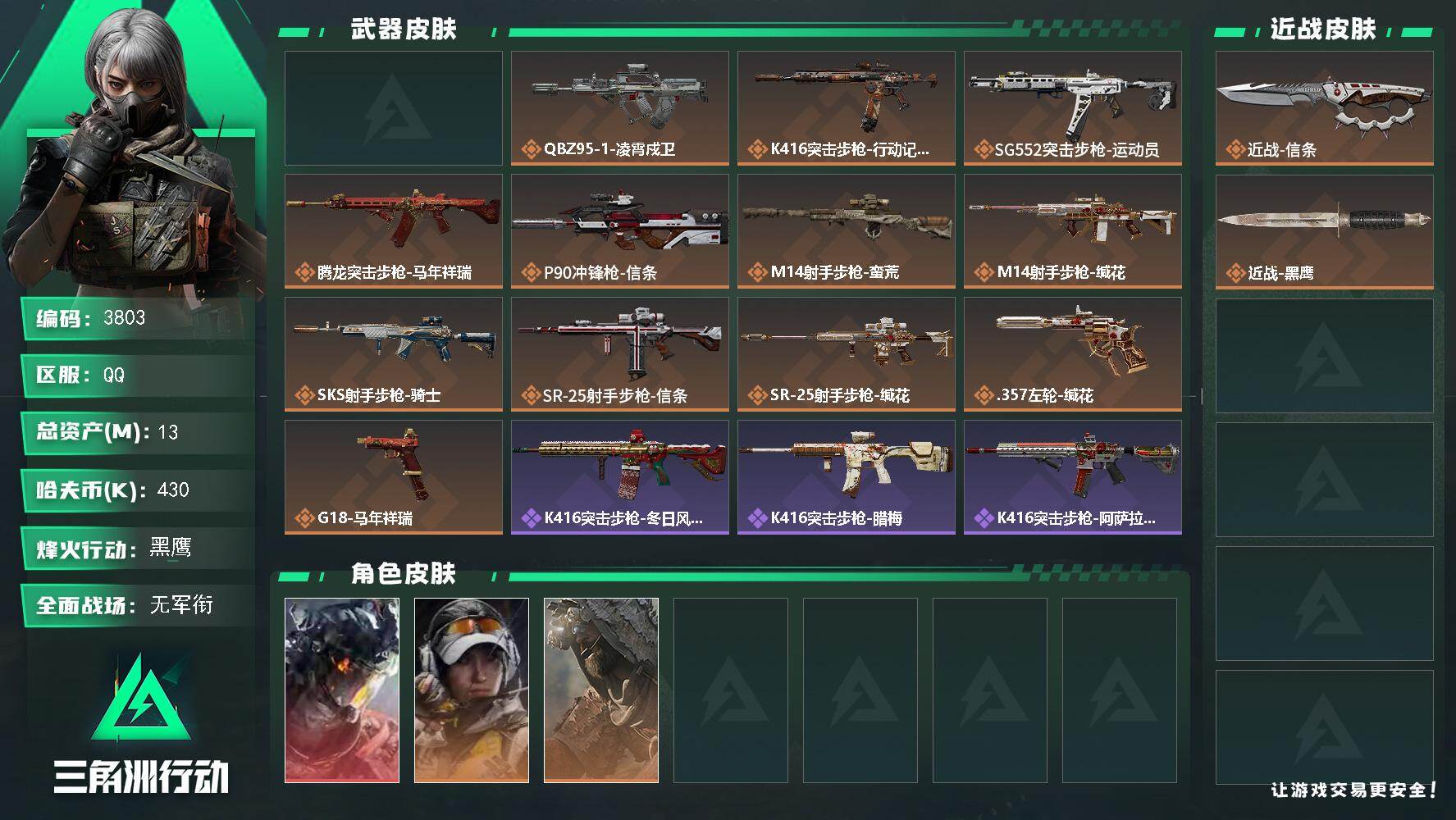 13m总资产-430k哈伏币-60烽火等级-黑鹰-1战场等级-无军衔【干员外