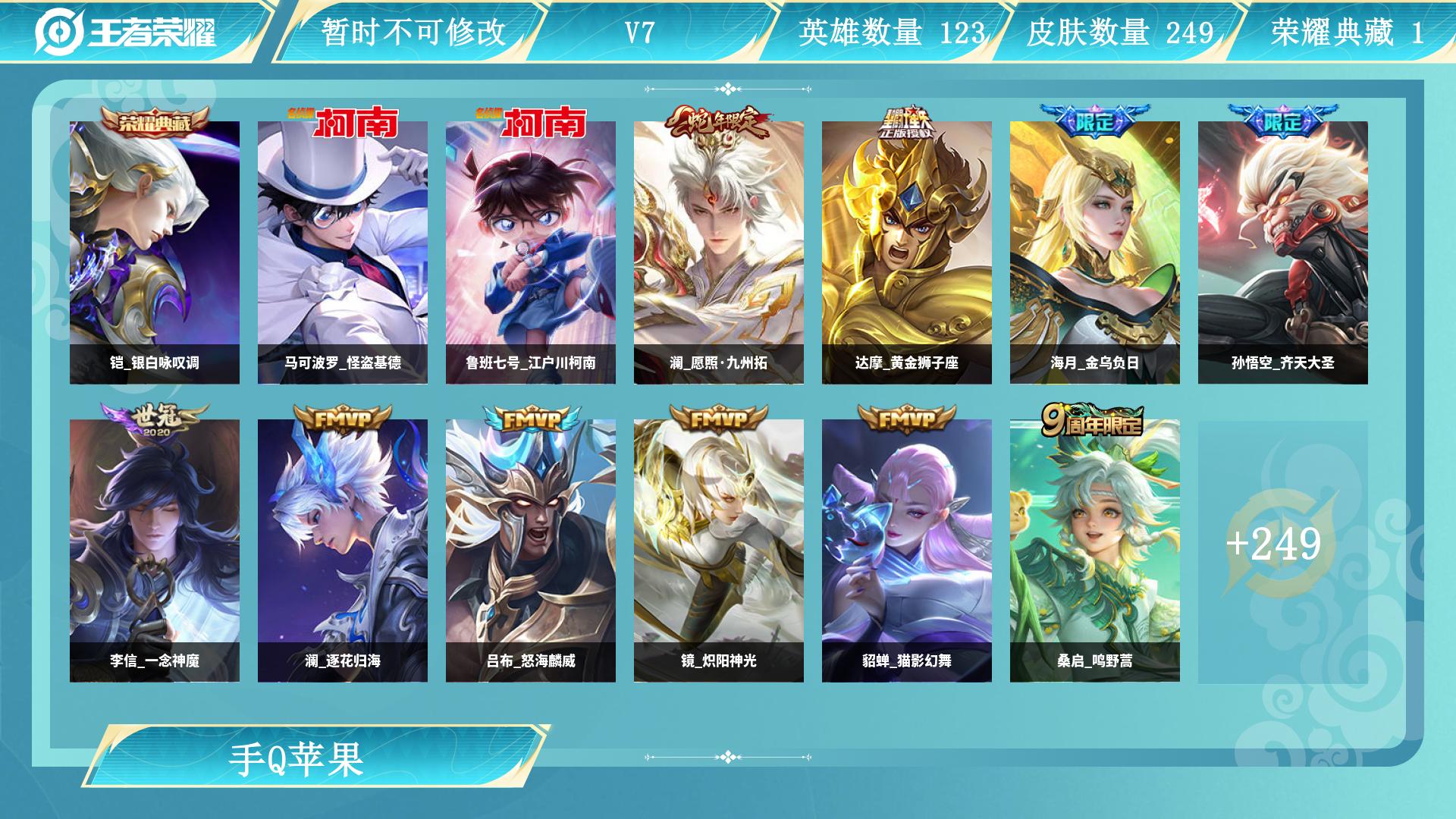 皮肤数量249印记总数12V7荣耀王者暂时不可修改账号类型2