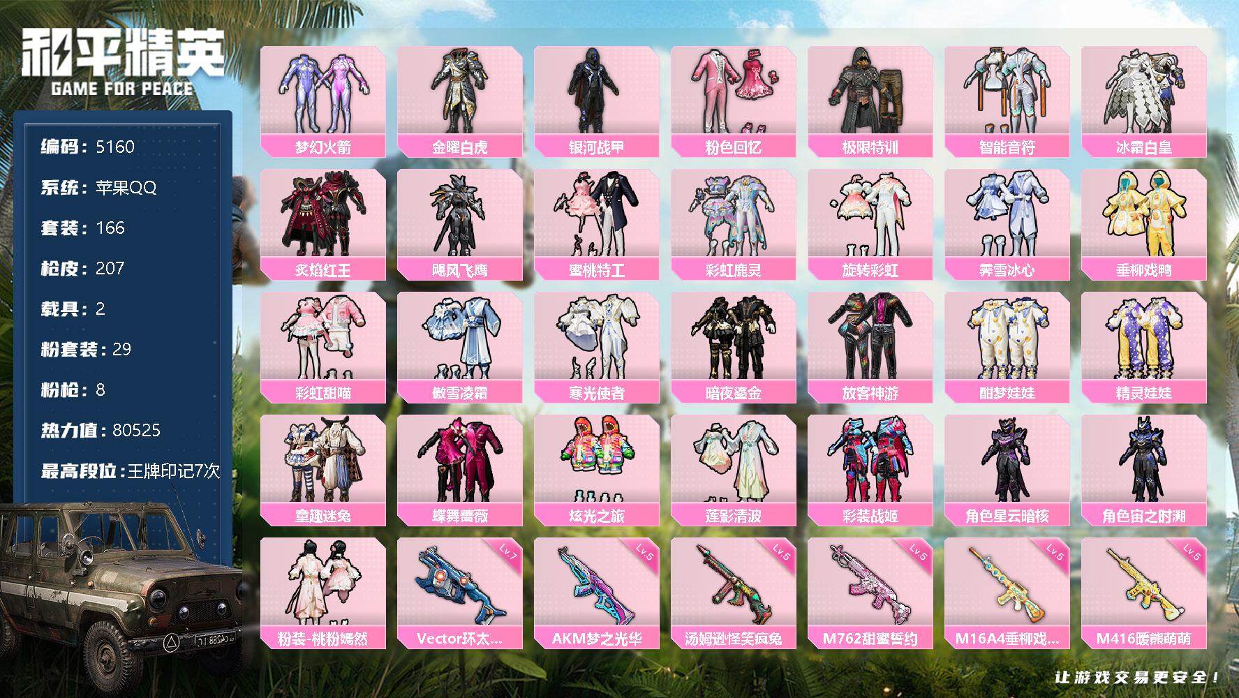【5160】29粉装-8特效枪-2载具-80525热力值-7印记-166套装-