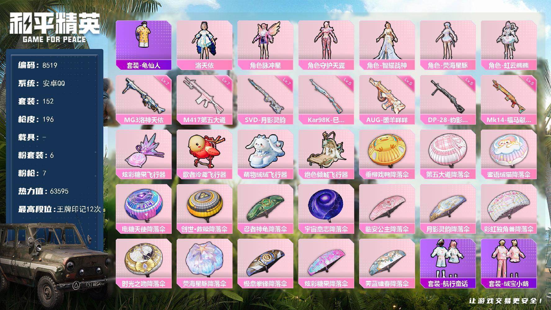 【8519】6粉装-7特效枪-0载具-4粉色飞行器-63595热力值-12王牌