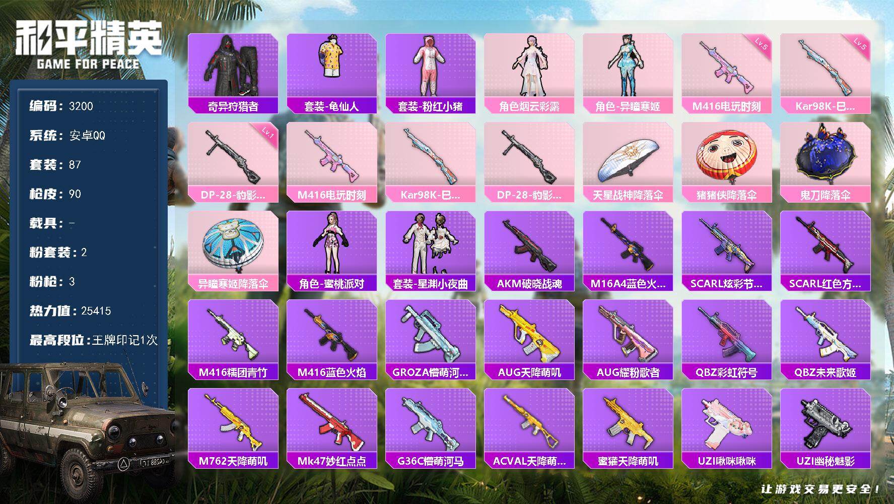 安卓 手Q-2粉装-3特效枪-0载具-0粉色飞行器-25415热力值-1王牌印