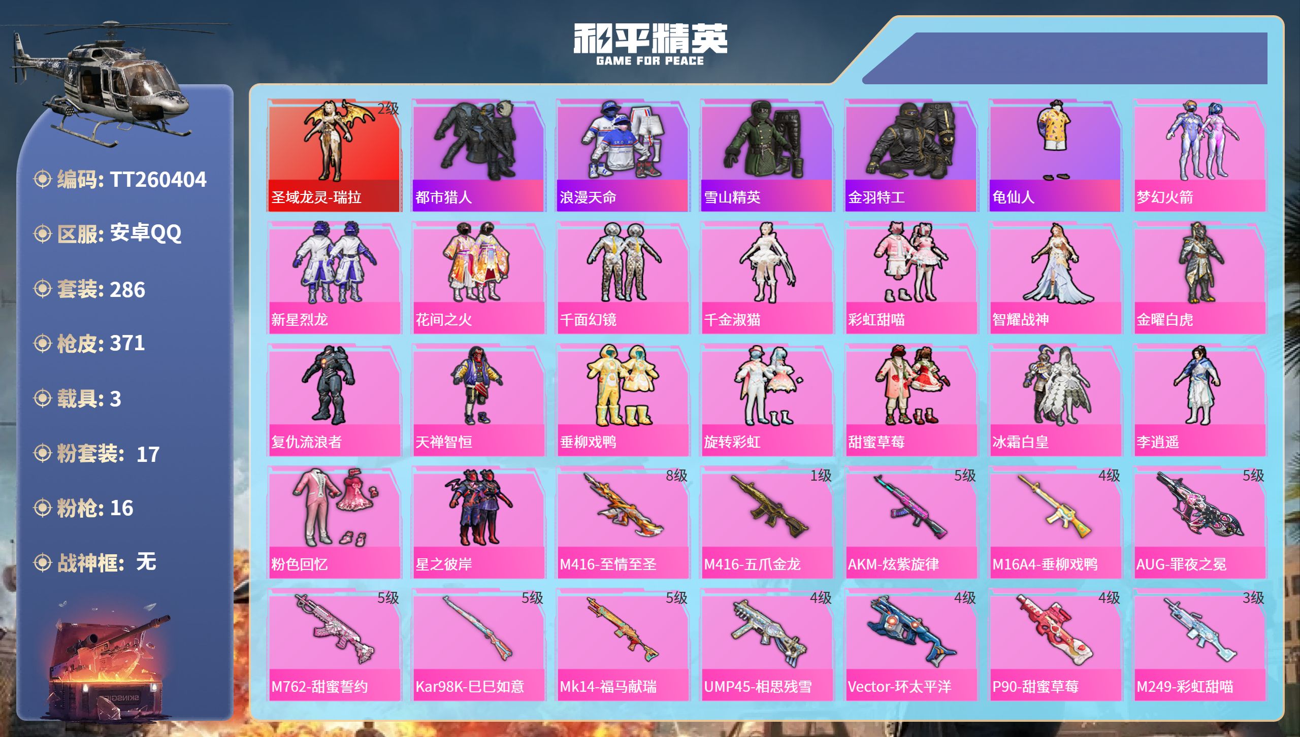 -19王牌印记-1红装-17粉装-16特效枪-3载具-热力值-286套装