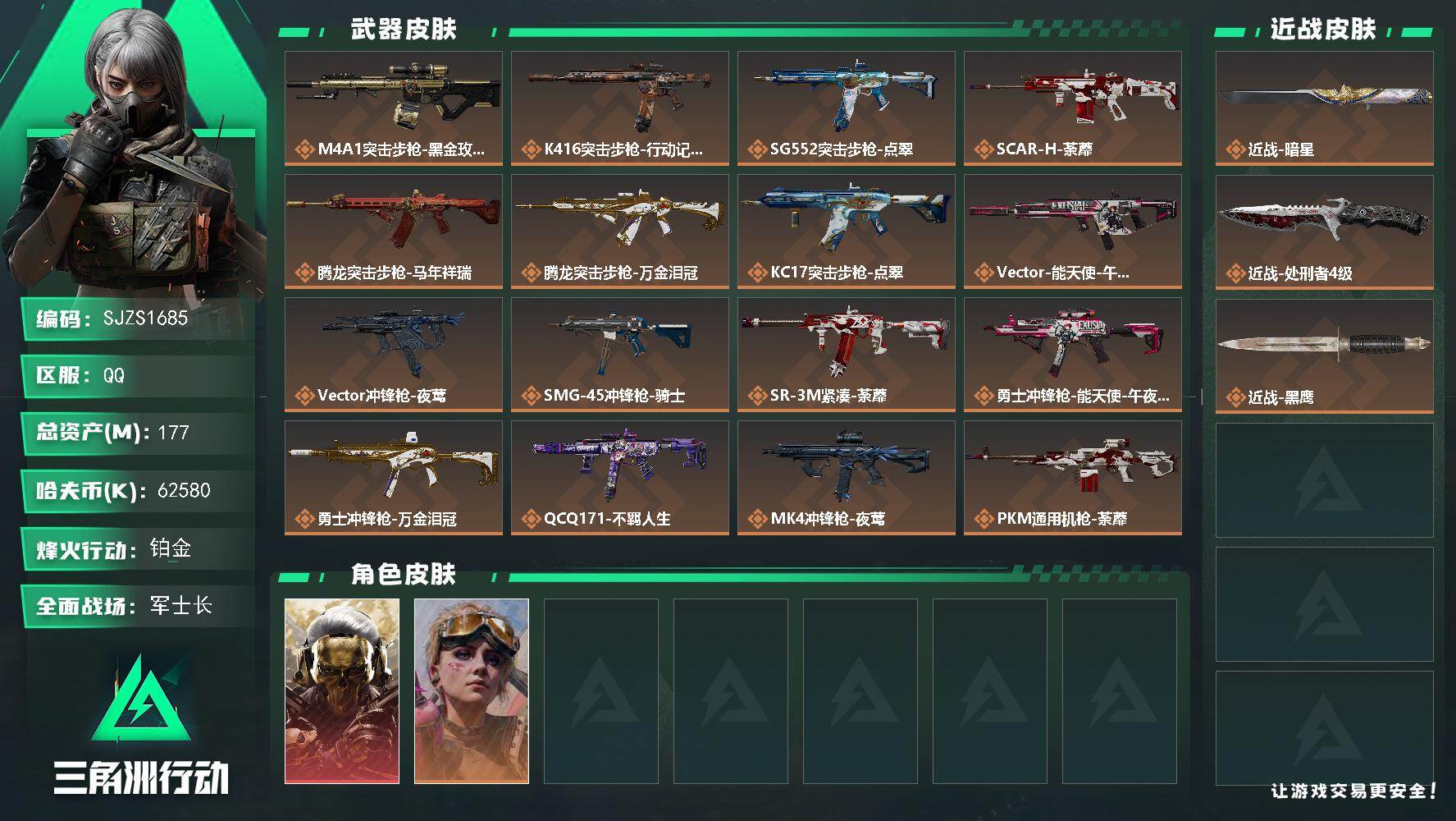 三角洲行动【全服通用】【SJZS1685】总资产177M/哈夫币6258万/传说近战数1/传说枪皮数