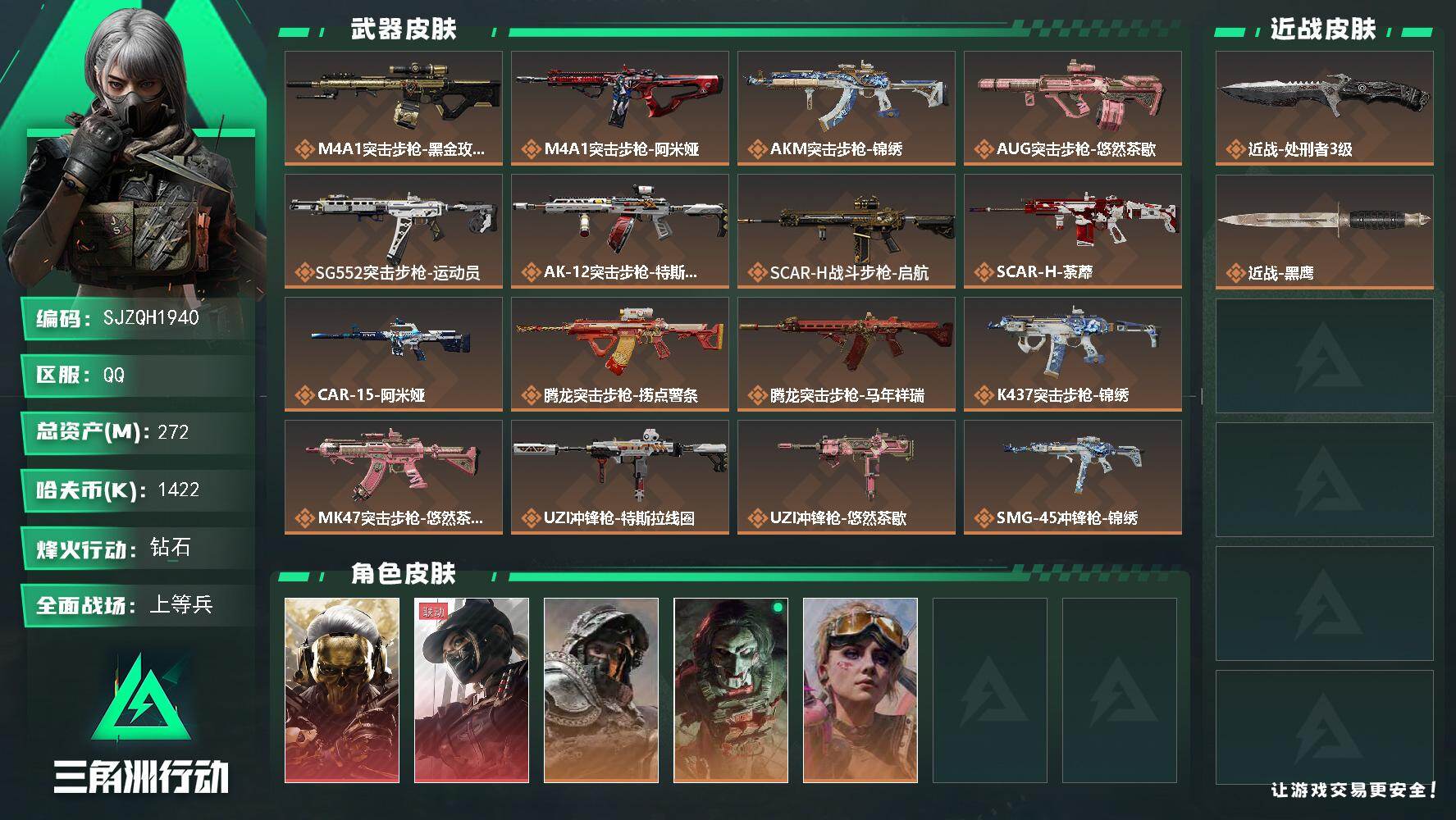 总资产272M/哈夫币142万/传说近战数1/传说枪皮数