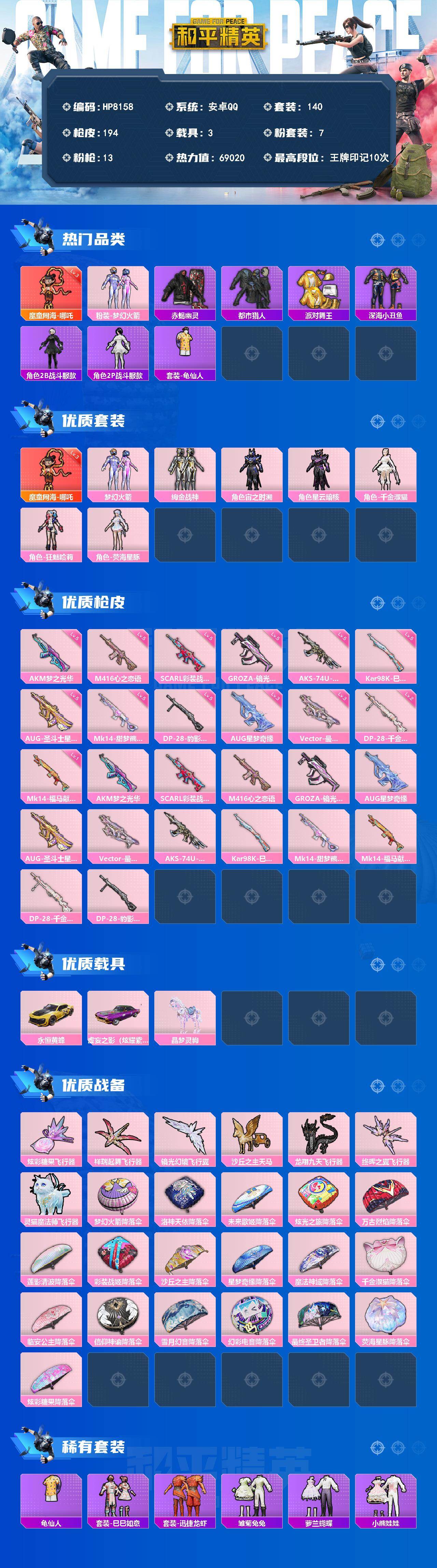 和平精英【安卓QQ】男神号-地铁满天赋-哪吒三级/AUG星梦三级/火箭少女/男神三件套/深海小丑鱼/