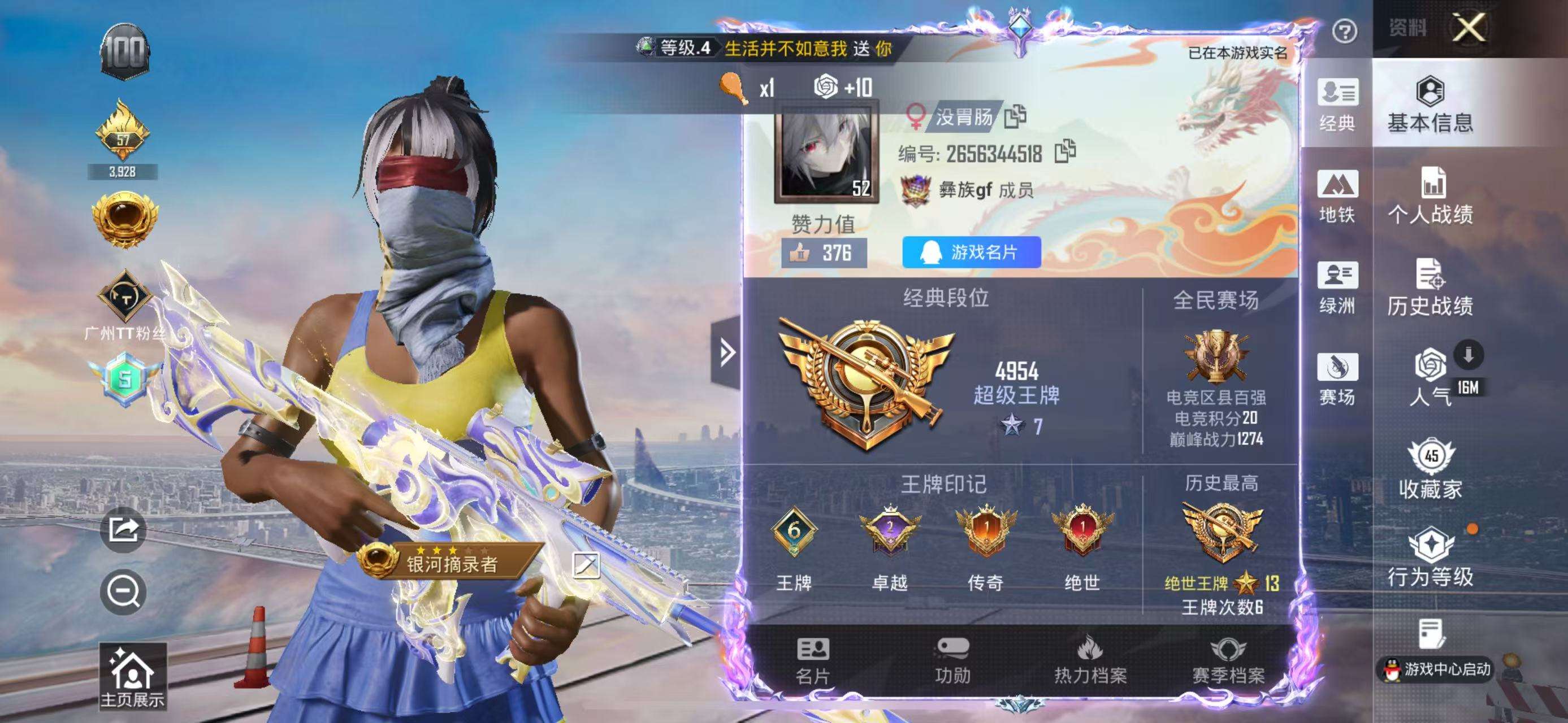和平精英【苹果QQ】HX9931【M416-天马神君-都市猎人-暗影哥特红眼罩-粉装角色-夜鸢箴言-