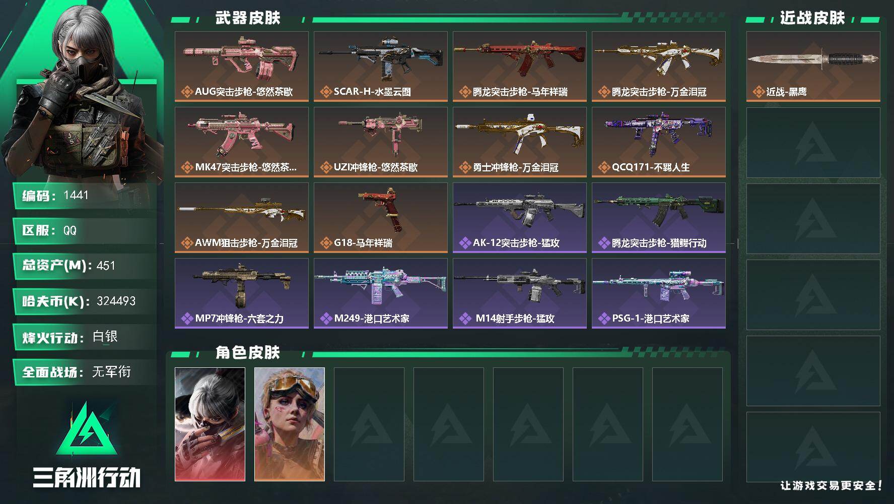 451m总资产-324493k哈夫币-60烽火等级-白银-1战场等级-无军衔