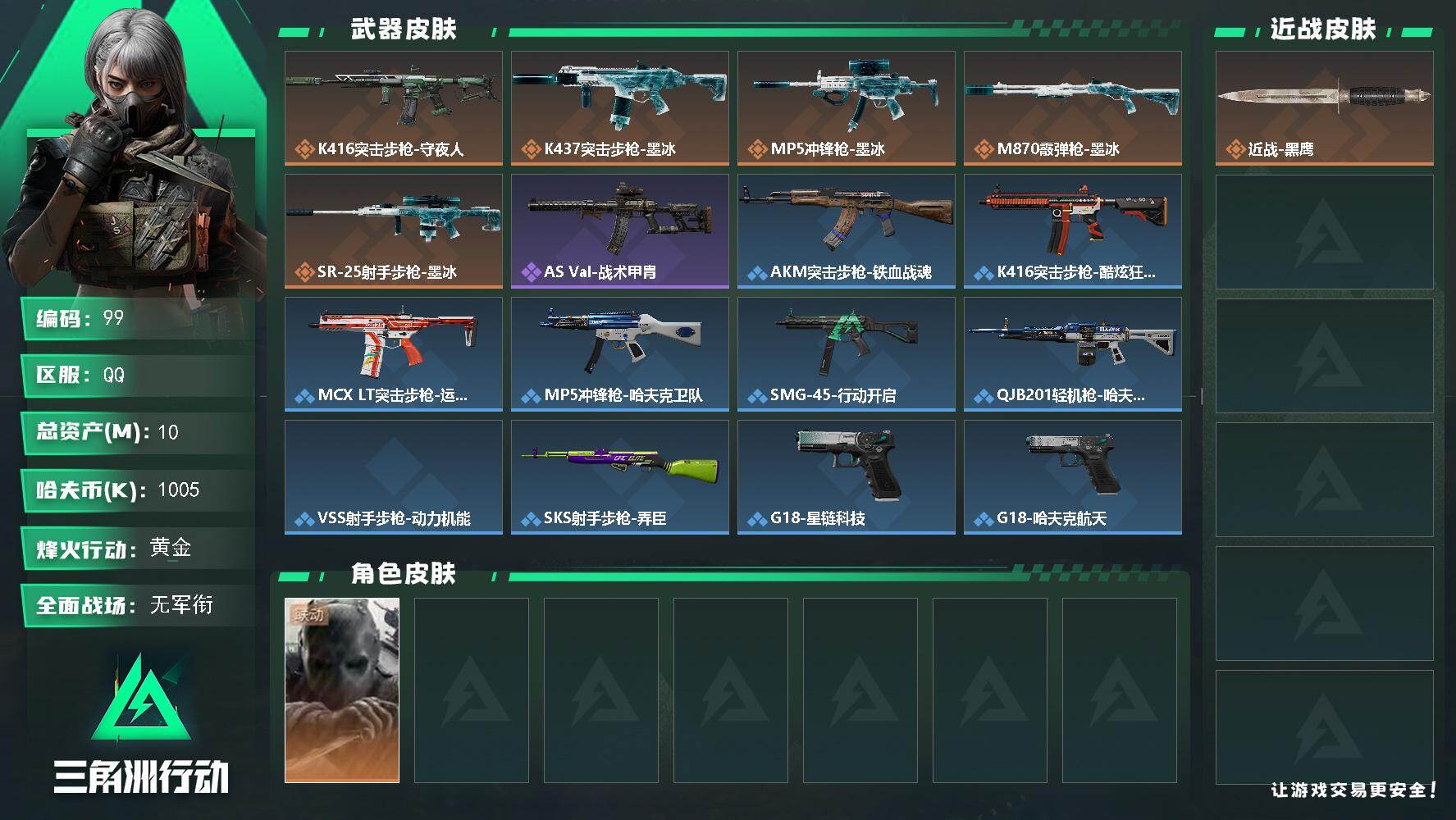 10m总资产-1005k哈夫币-38烽火等级-黄金-5战场等级-无军衔【干员