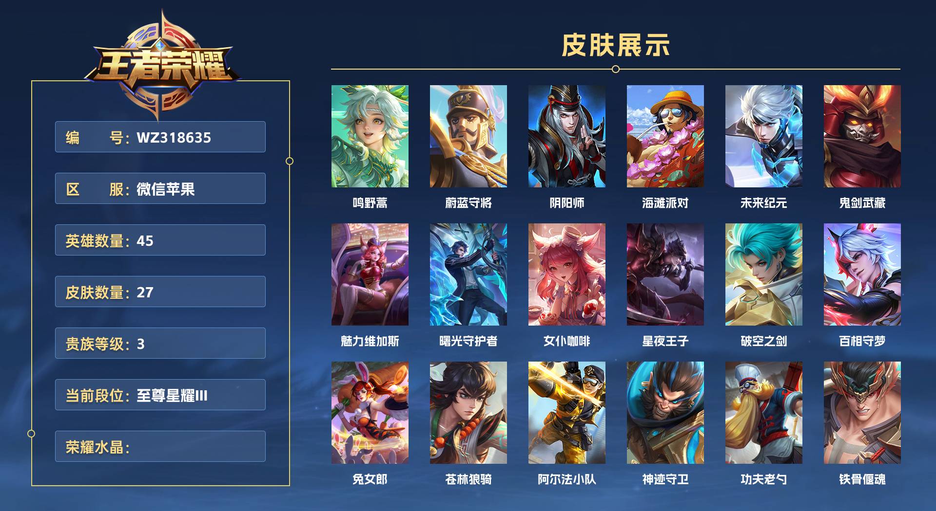 王者荣耀【苹果微信】WZ318635|微信苹果 【小国1.3w元歌  金标嫦娥】45英雄 27皮肤 