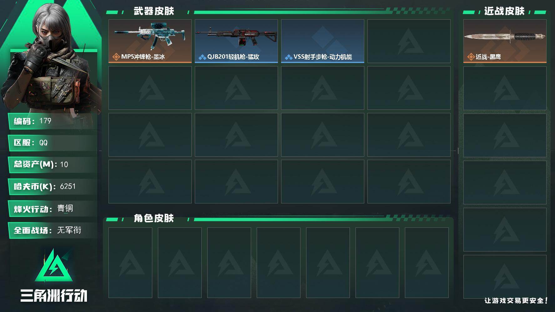 10m总资产-6251k哈夫币-12烽火等级-青铜-1战场等级-无军衔【近战