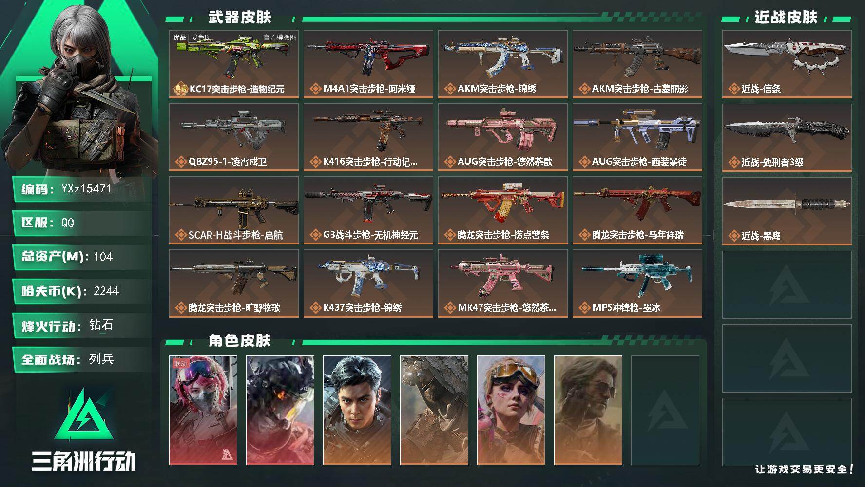 【总资产104M+哈夫币224万+三角券265】【7体6负】【2红皮4金皮2刀